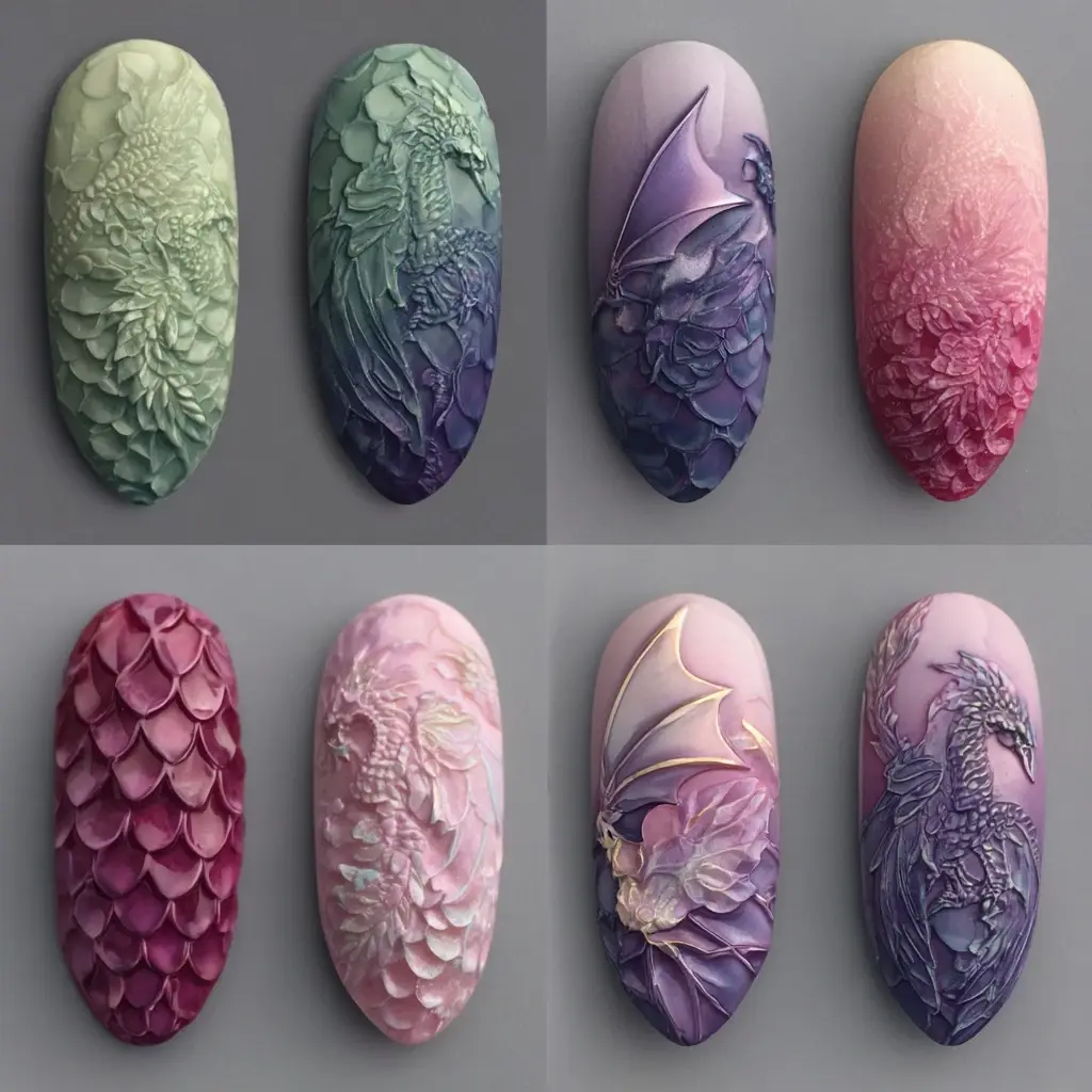 purple and pink coffin long nails with 3d and abstract