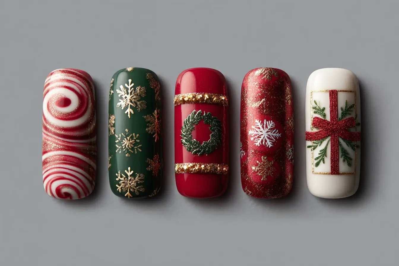 Festive Christmas Red and Green Glitter Nail Art Design