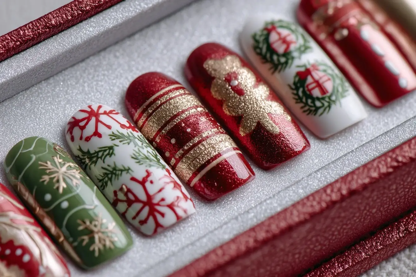 Festive Christmas Themed Glitter Coffin Nail Art Design