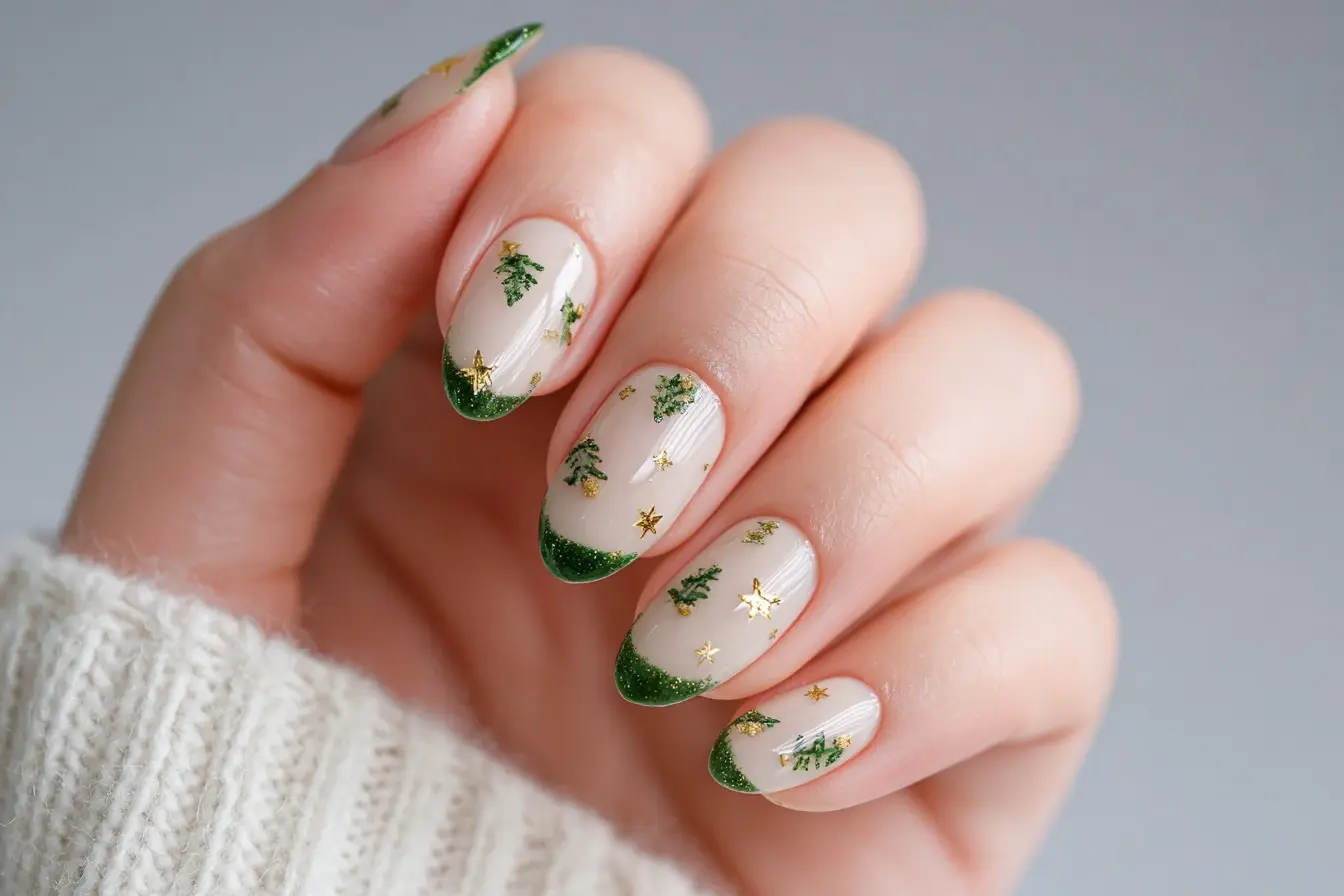 green and gold coffin medium nails with floral and glossy