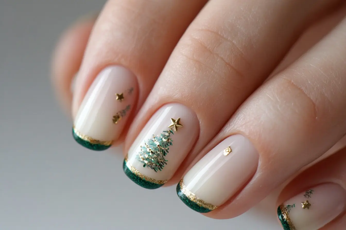 green and gold oval medium nails with abstract and glossy