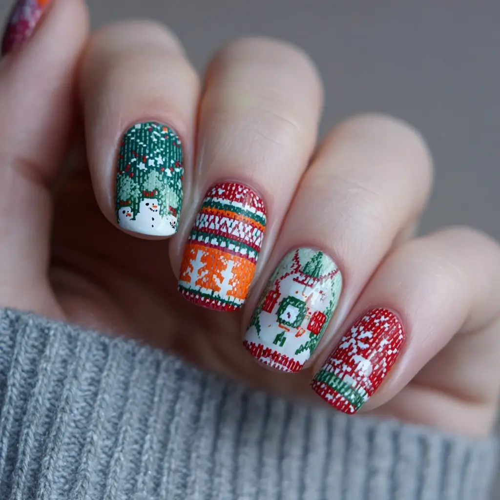 red and green square medium nails with floral and abstract