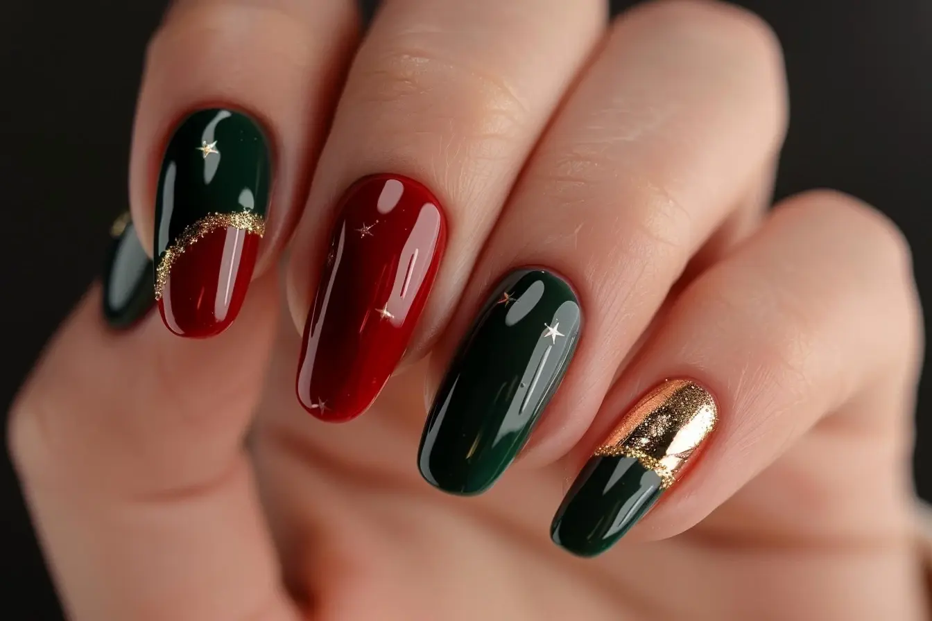 Festive Red and Green Glitter Coffin Nail Art Design