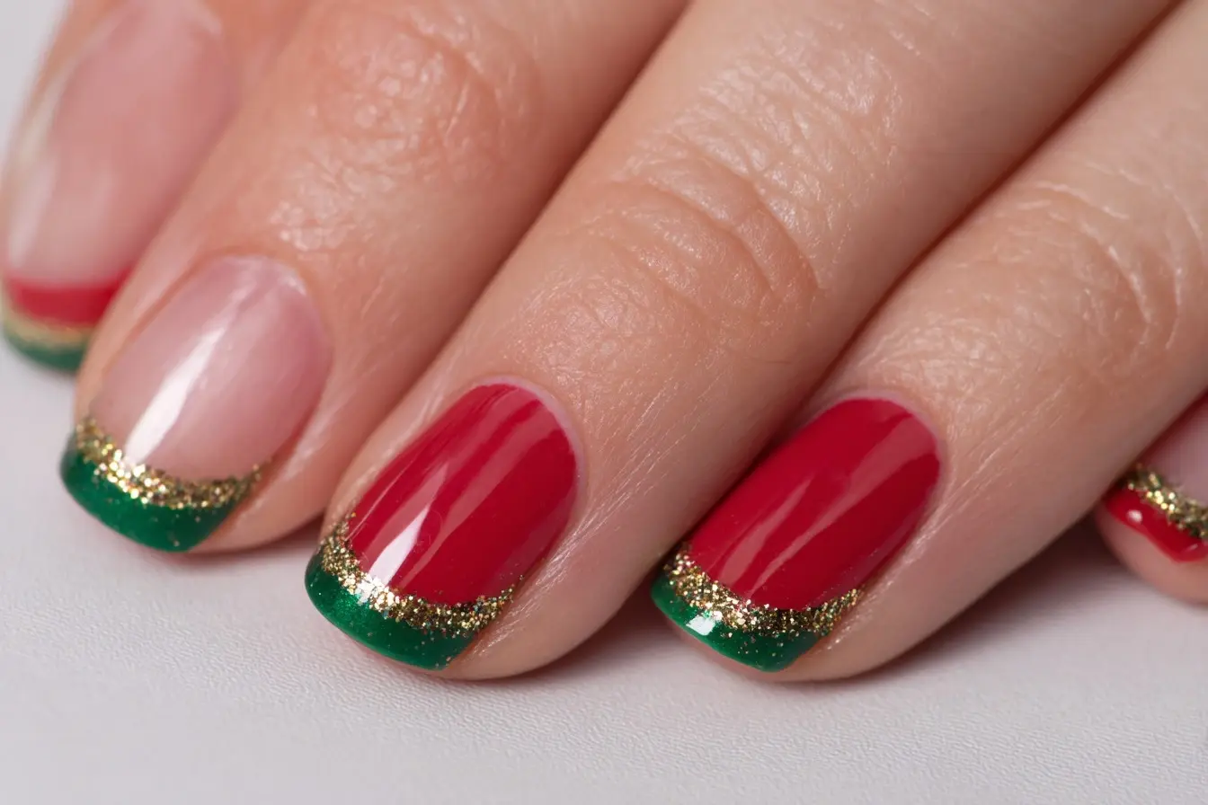 red and green square medium nails with french and glitter