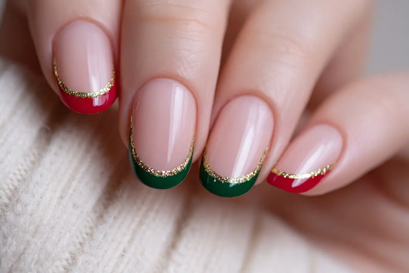red and green square medium nails with french and glitter