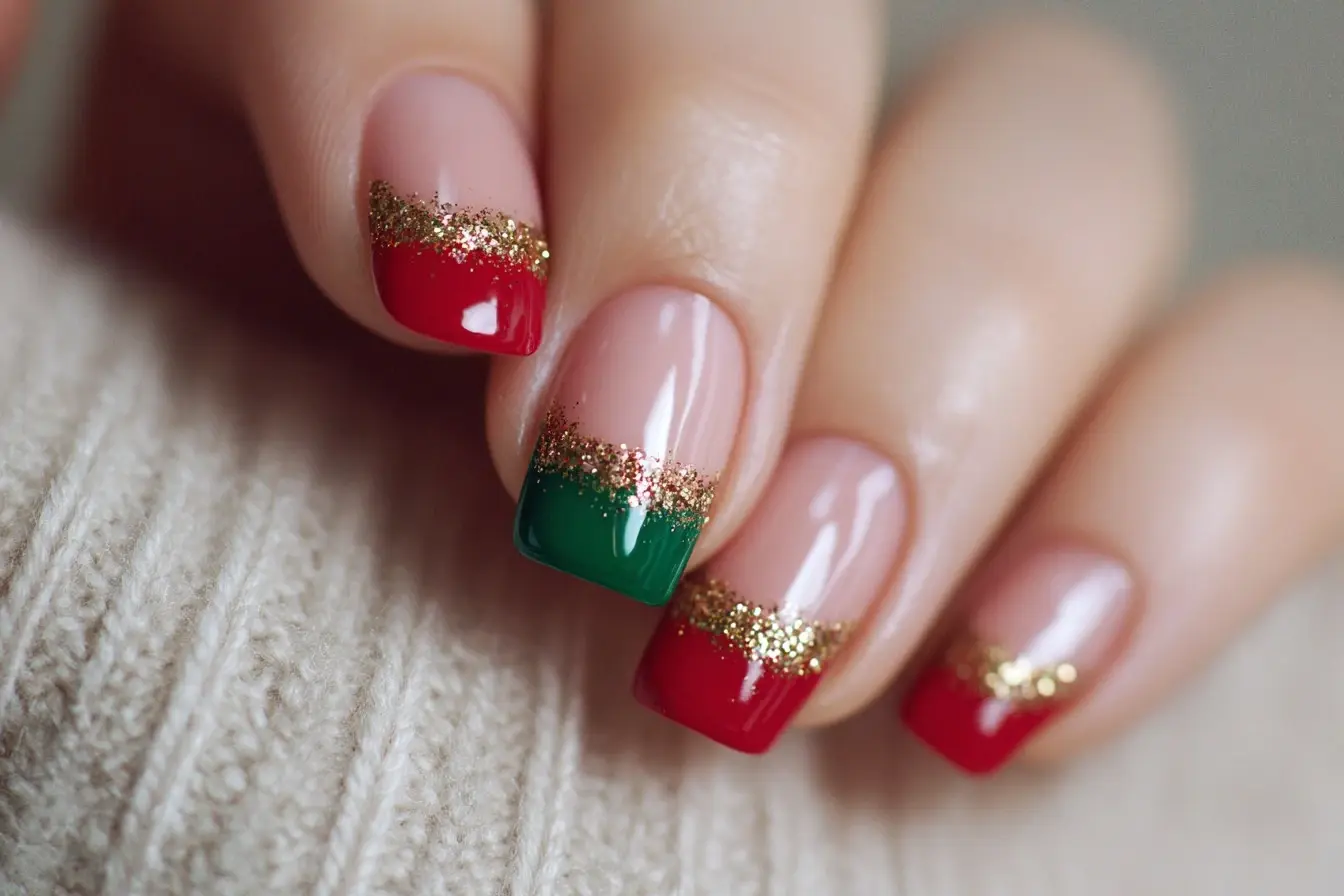 red and green round medium nails with french and glitter