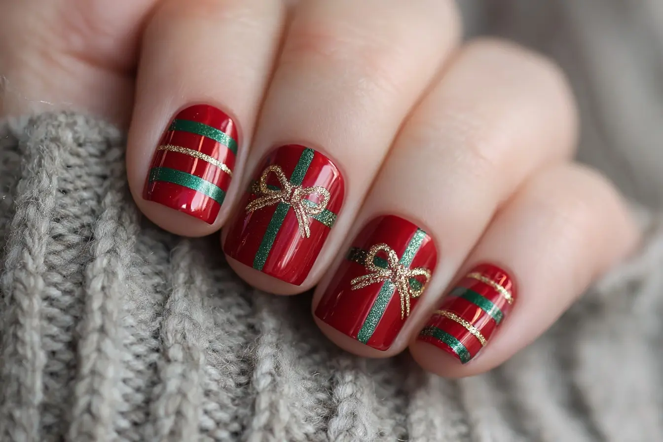 red and green oval medium nails with abstract and glossy