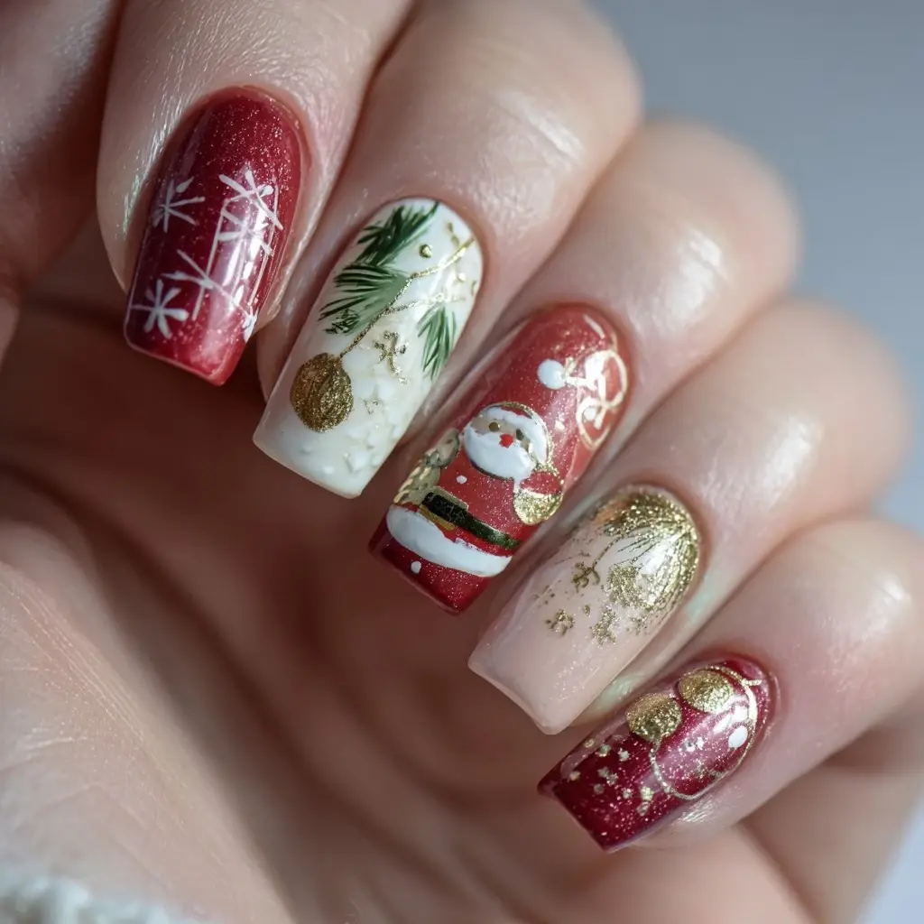 red and white square medium nails with abstract and glossy