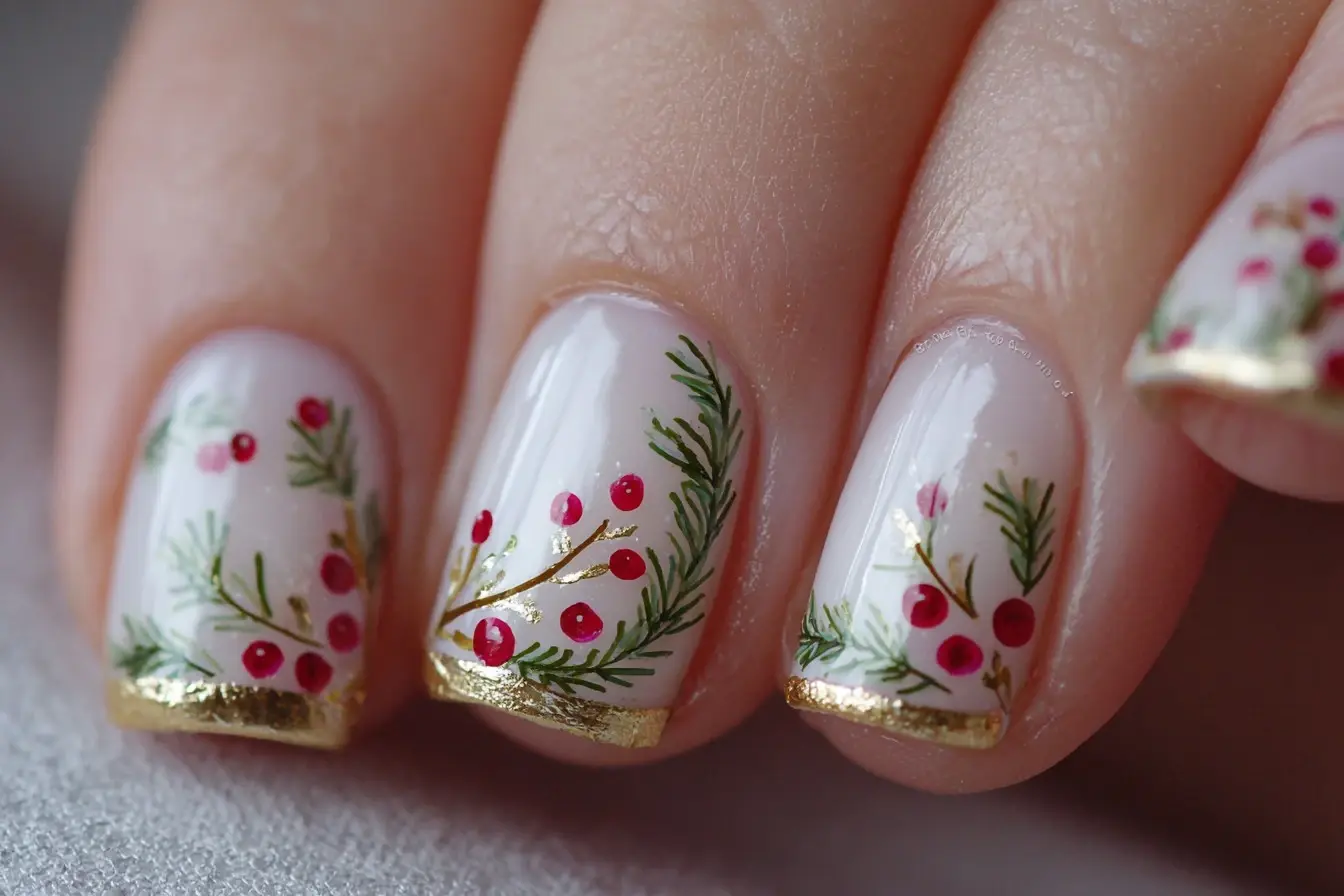 Festive Red Berry Floral Coffin Nail Art Design