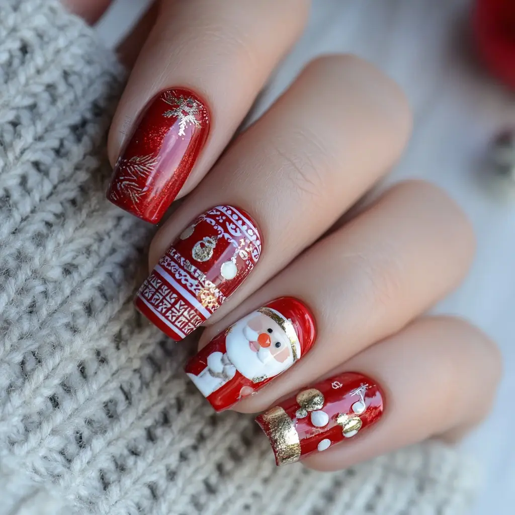 red and white coffin medium nails with abstract and glossy
