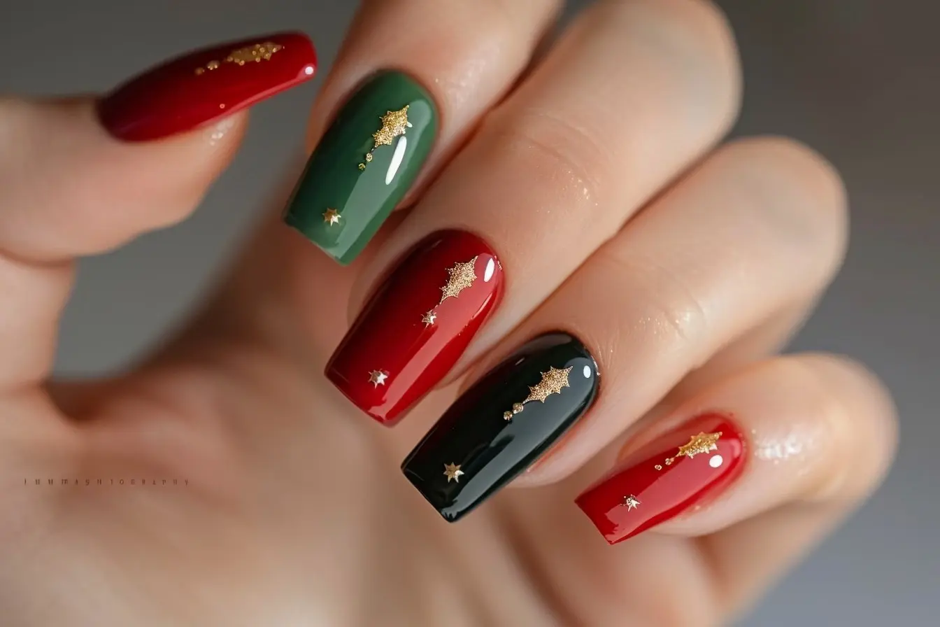 Festive Red, Green, and Black Holiday Coffin Nail Art Design