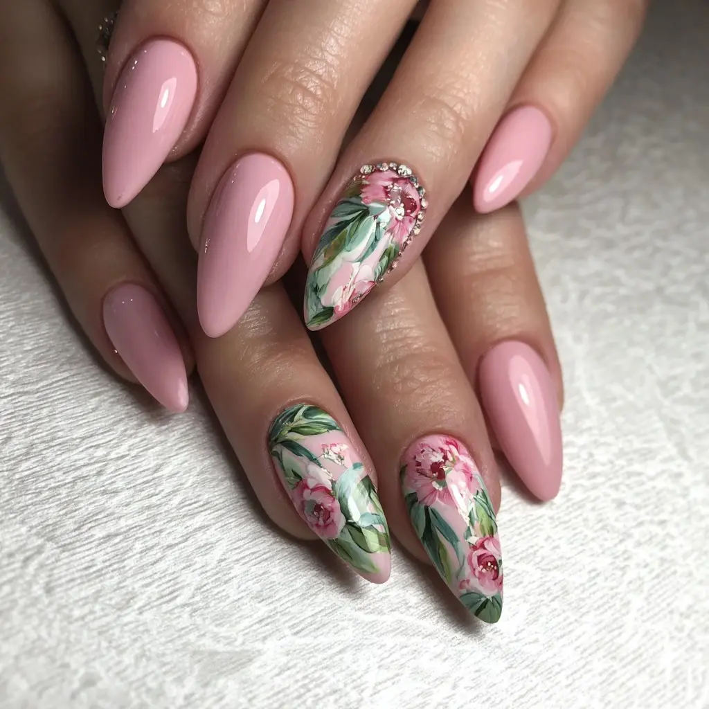 pink and green coffin long nails with floral and glossy