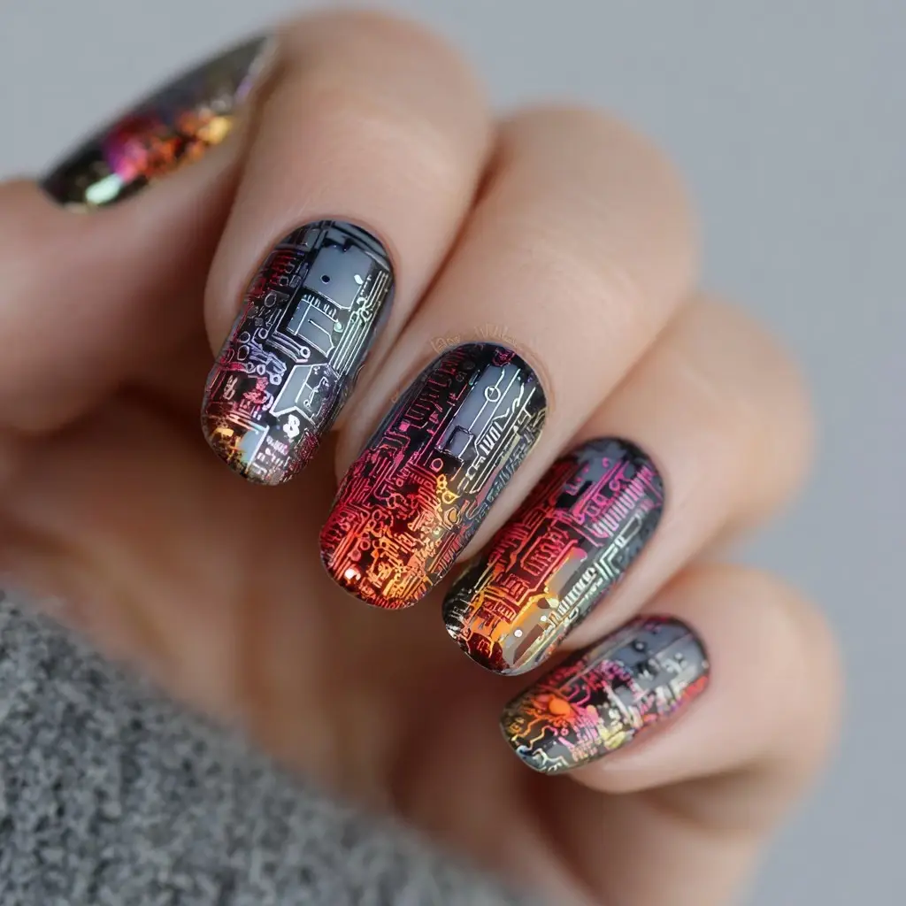 black and red square medium nails with geometric and abstract