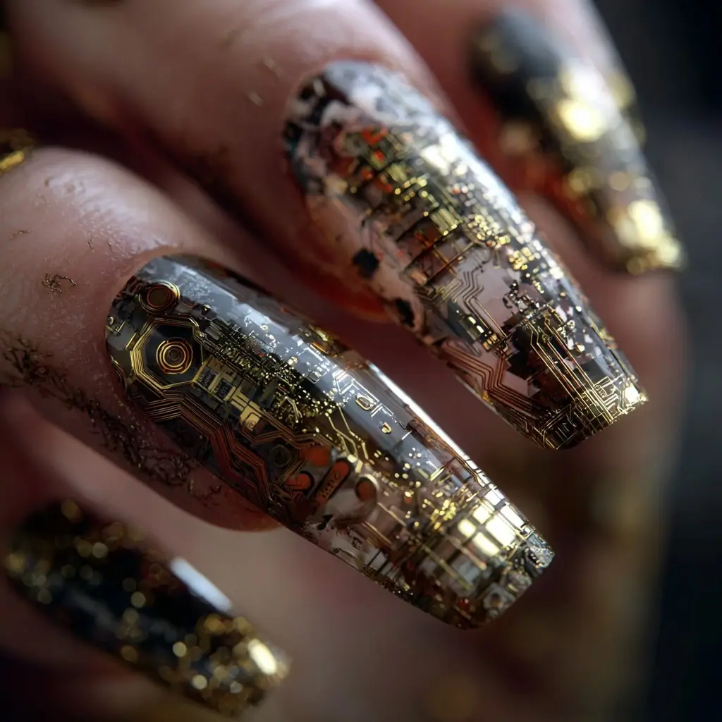 gold and metallic almond long nails with abstract and 3d
