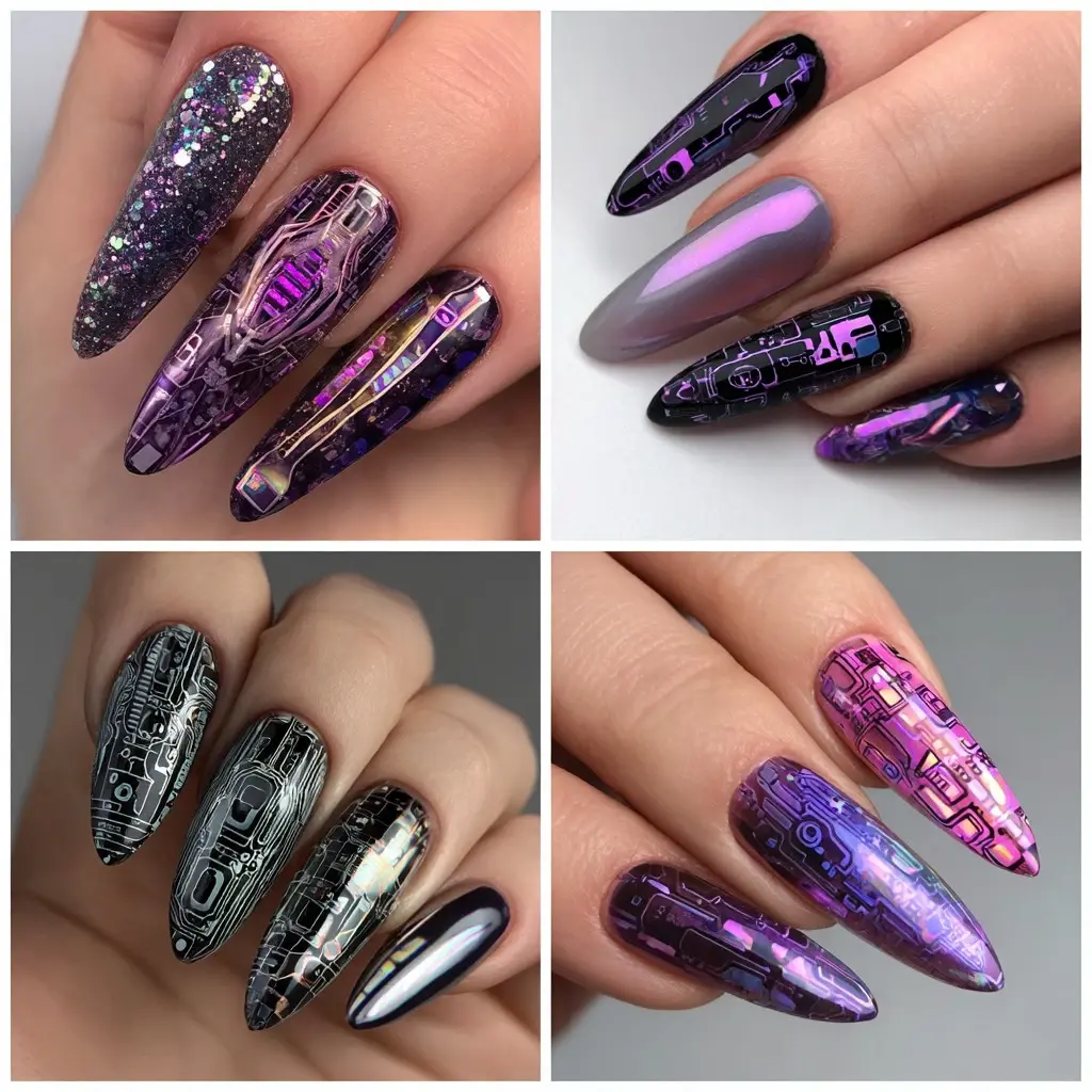 purple and metallic stiletto long nails with abstract and glitter