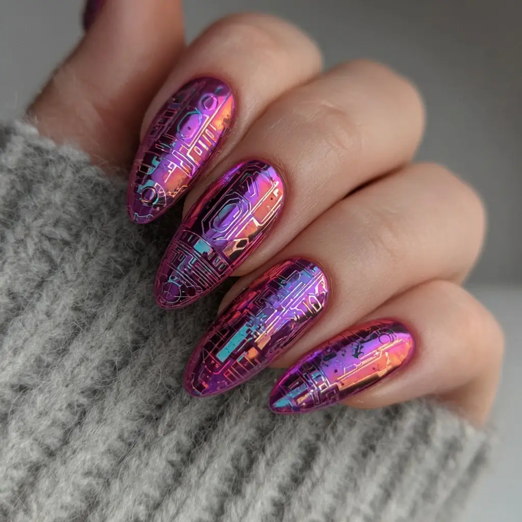 purple and pink stiletto long nails with abstract and glitter