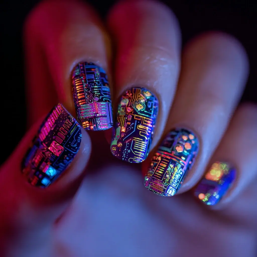 blue and red coffin long nails with abstract and glitter