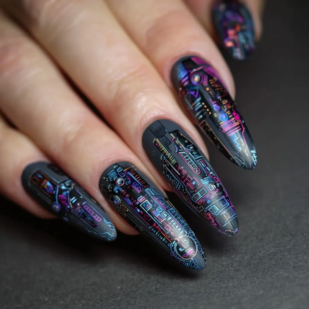 purple and blue coffin long nails with glitter and abstract