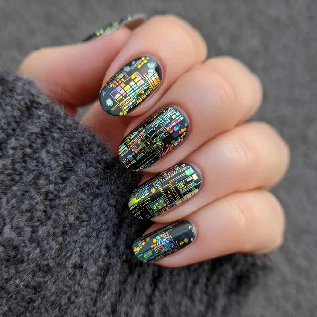 black and metallic square medium nails with geometric and abstract