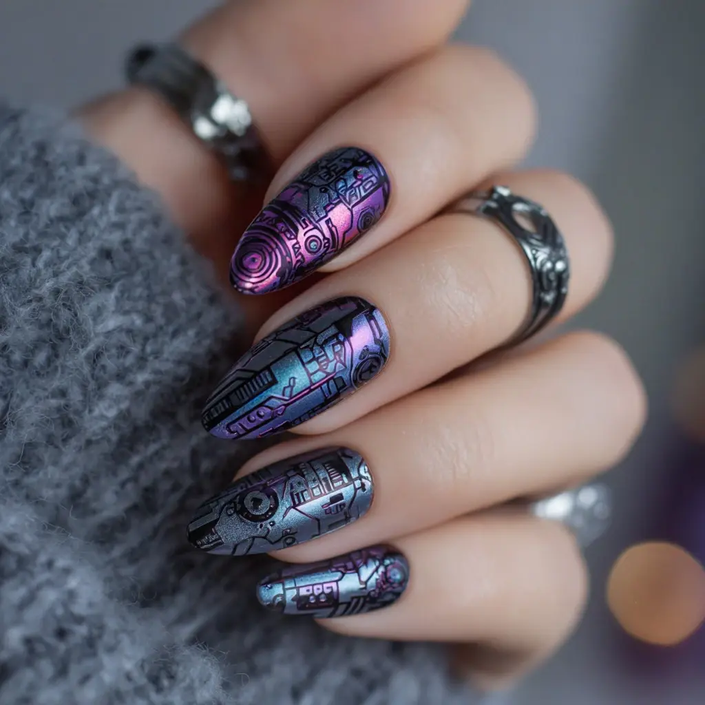 purple and blue coffin long nails with abstract and glossy