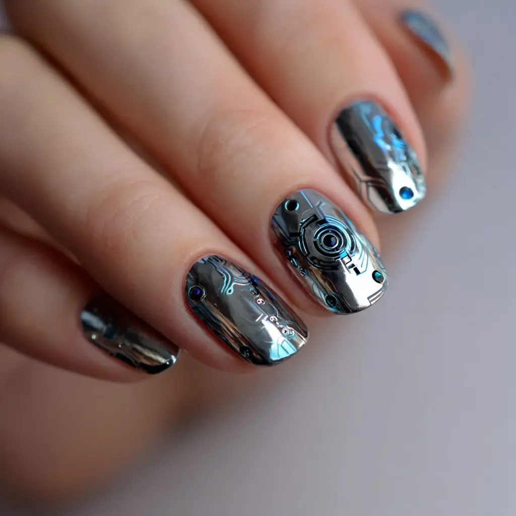 blue and metallic coffin medium nails with geometric and glossy