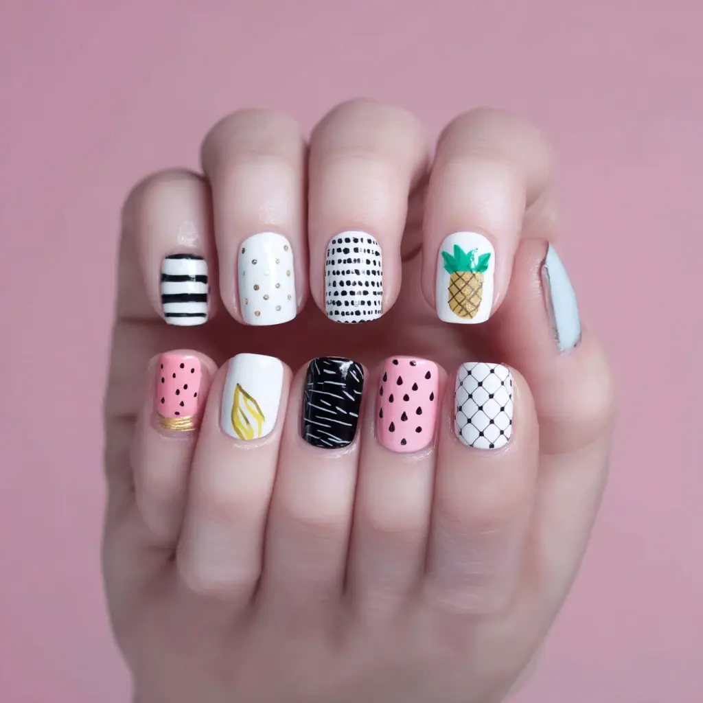pink and white oval medium nails with geometric and abstract