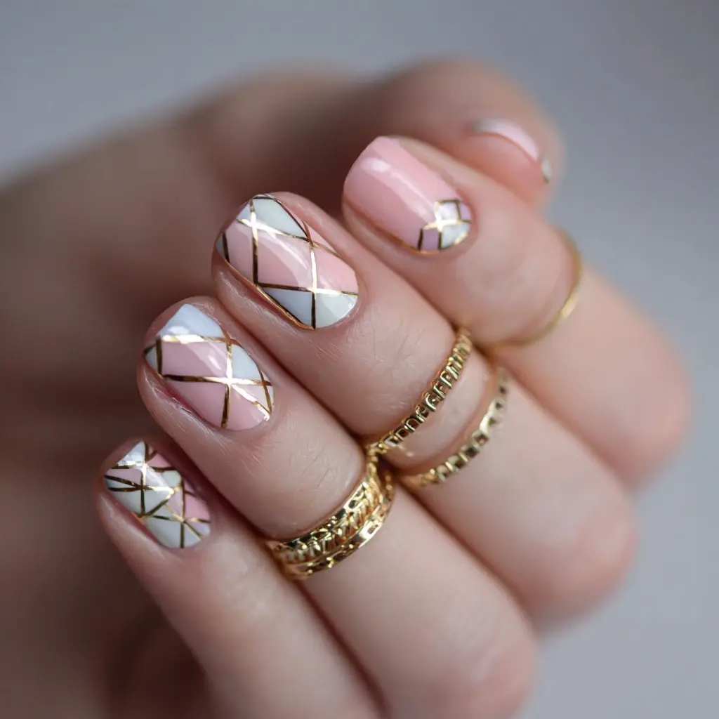 white and gold almond medium nails with geometric and glossy