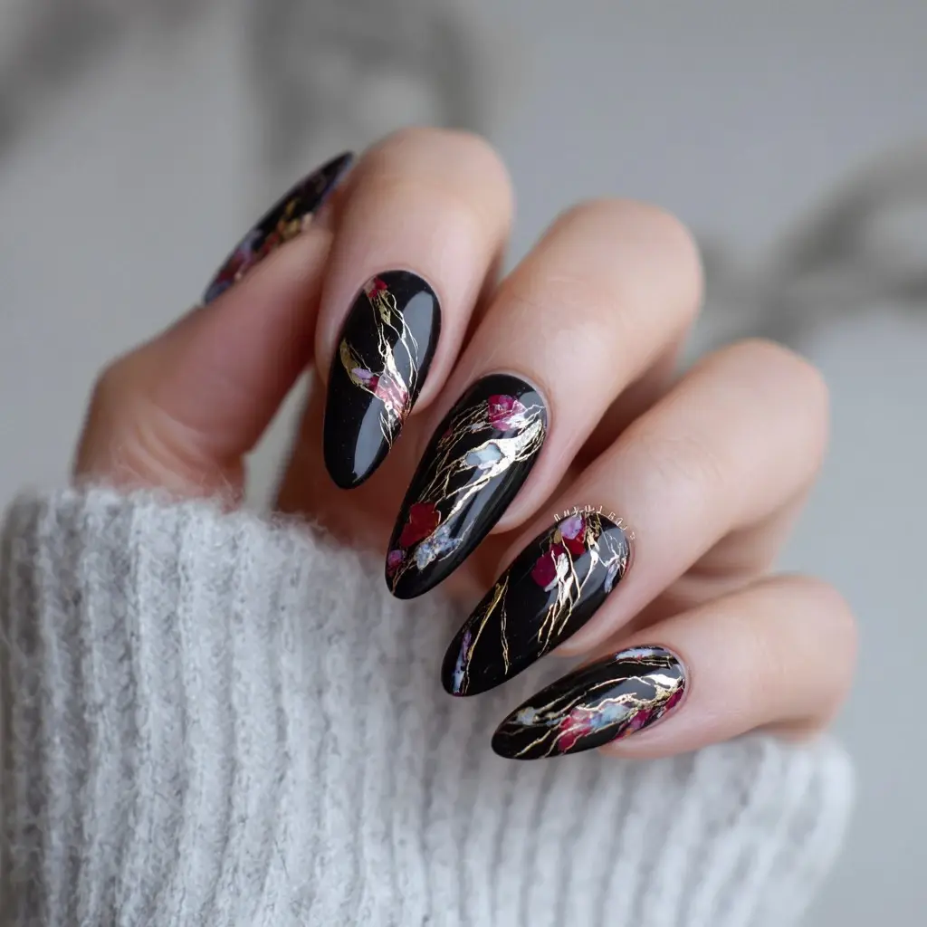 black and gold coffin long nails with floral and glossy