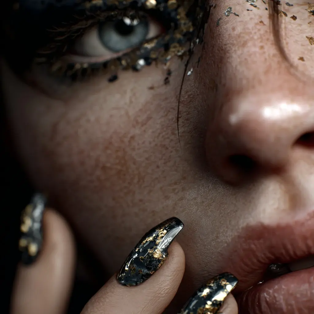 black and metallic coffin long nails with glitter and glossy