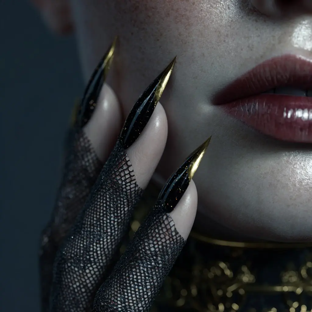 black stiletto long nails with glitter and glossy