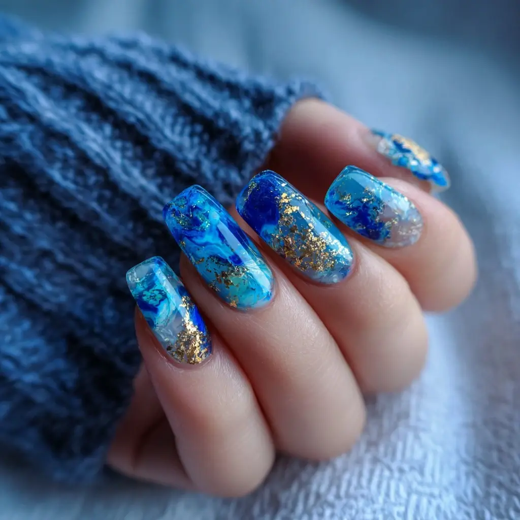 blue and metallic coffin long nails with glitter and abstract