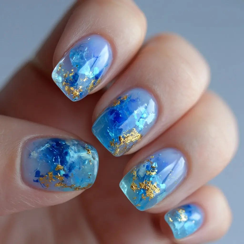 blue coffin medium nails with glitter and glossy