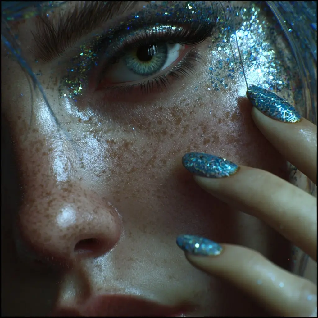 blue and metallic coffin long nails with glitter and glossy