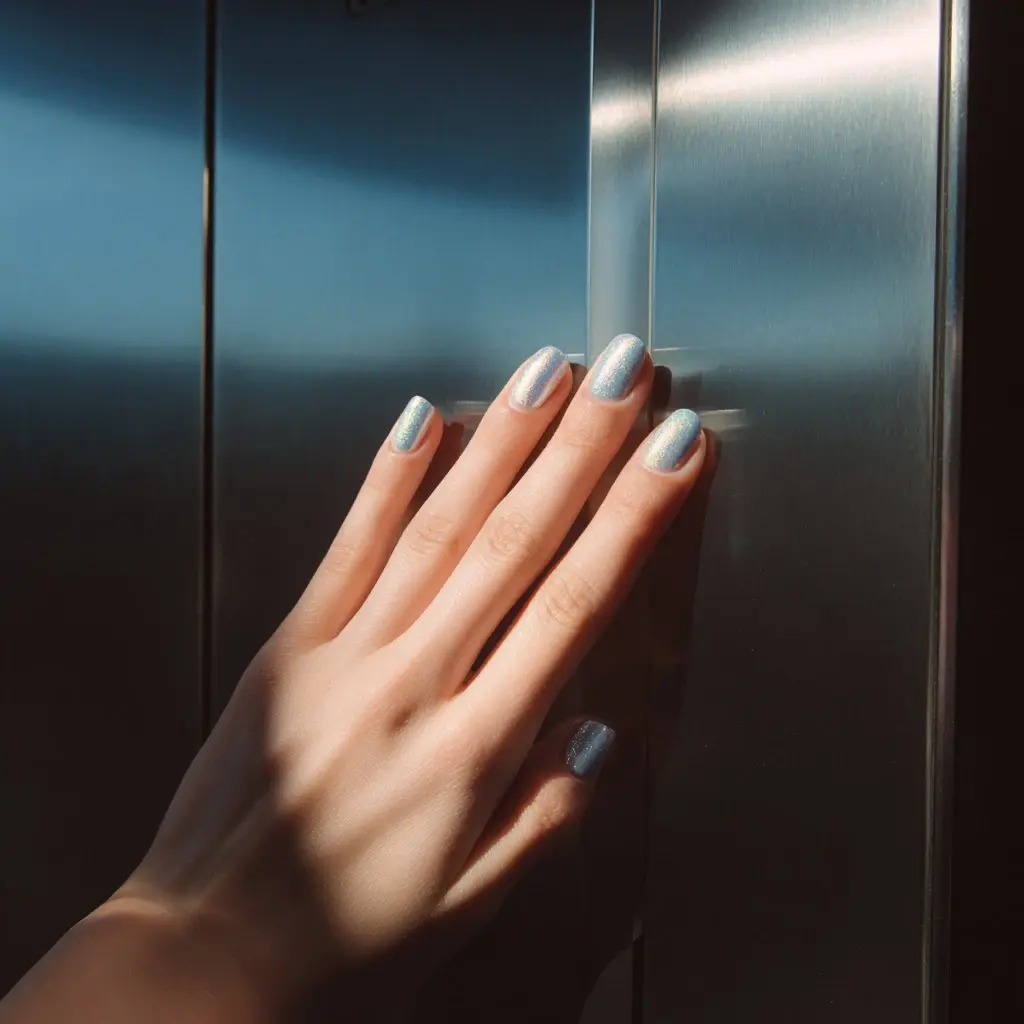 blue and metallic coffin medium nails with glitter and glossy