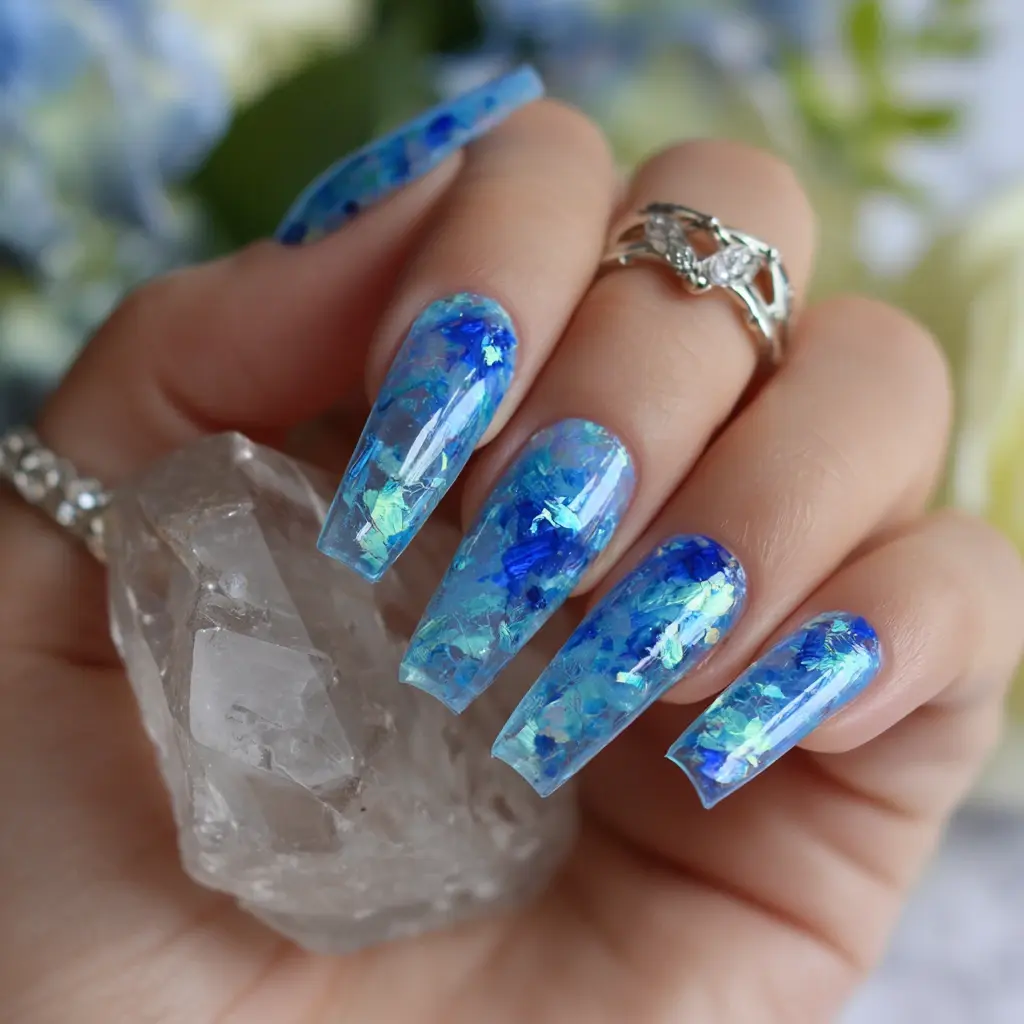 blue and metallic coffin long nails with glitter and glossy