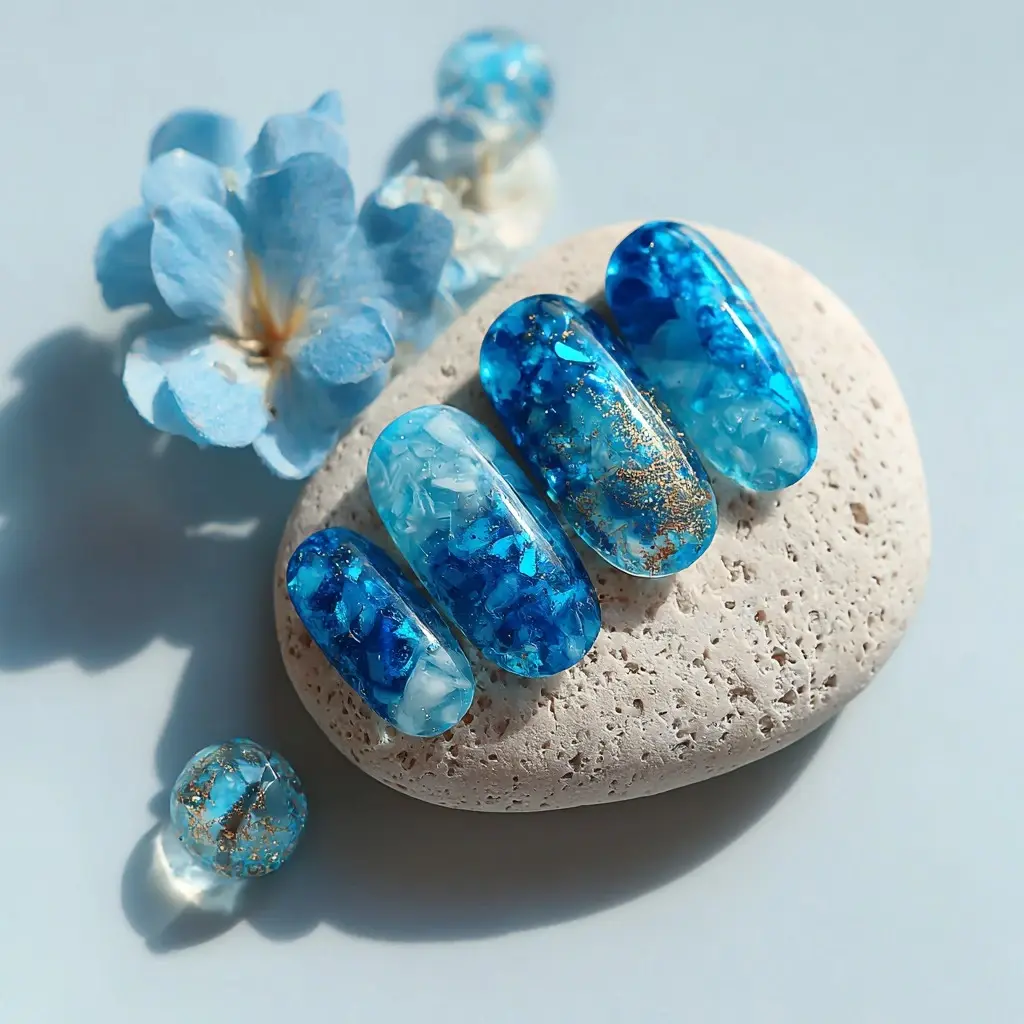 blue and metallic coffin long nails with glitter and glossy