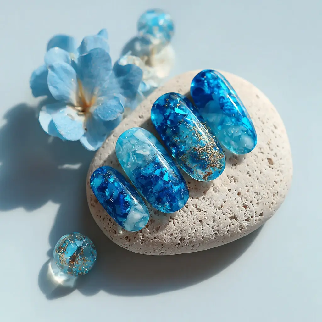 blue and metallic coffin long nails with glitter and glossy