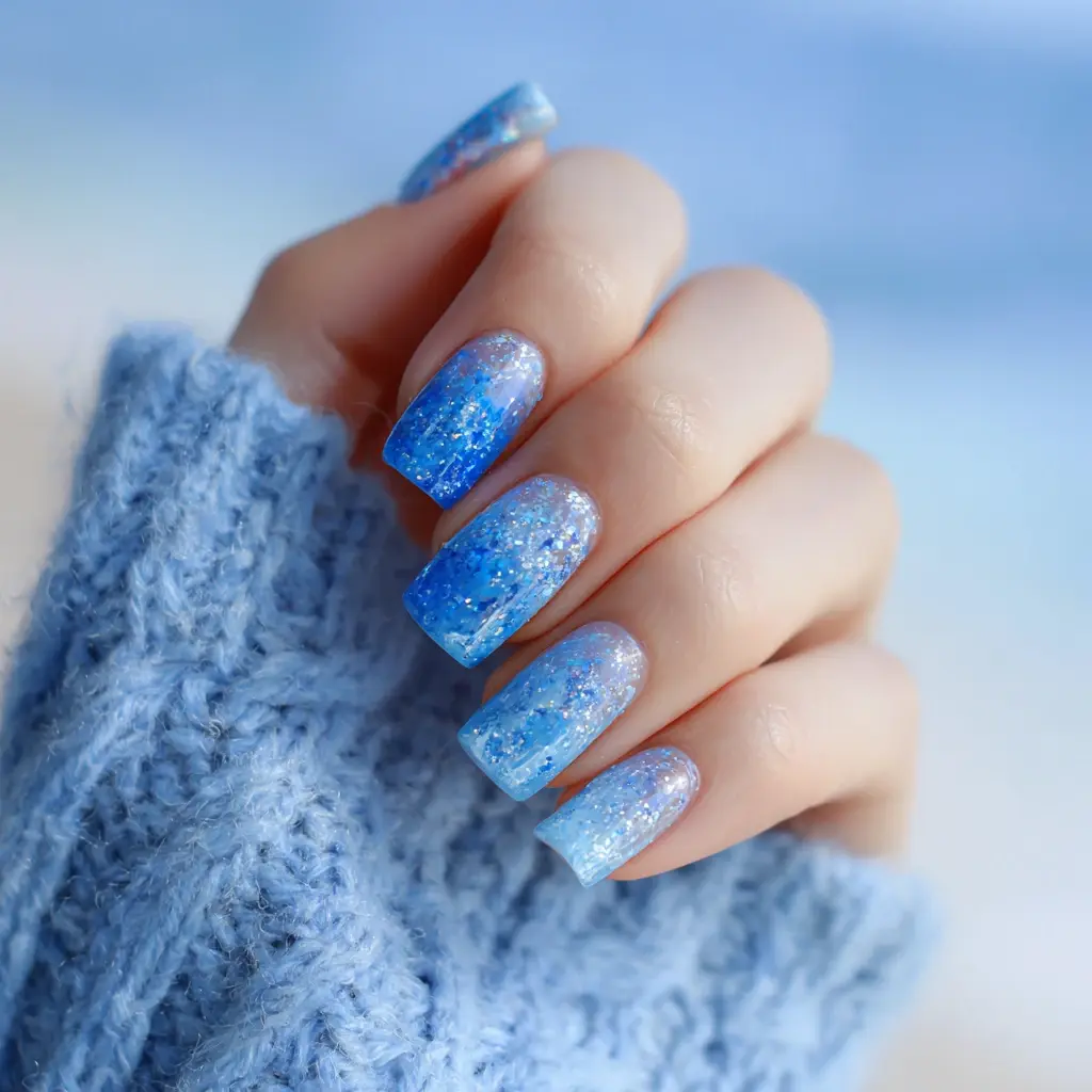 blue and metallic square medium nails with glitter and glossy