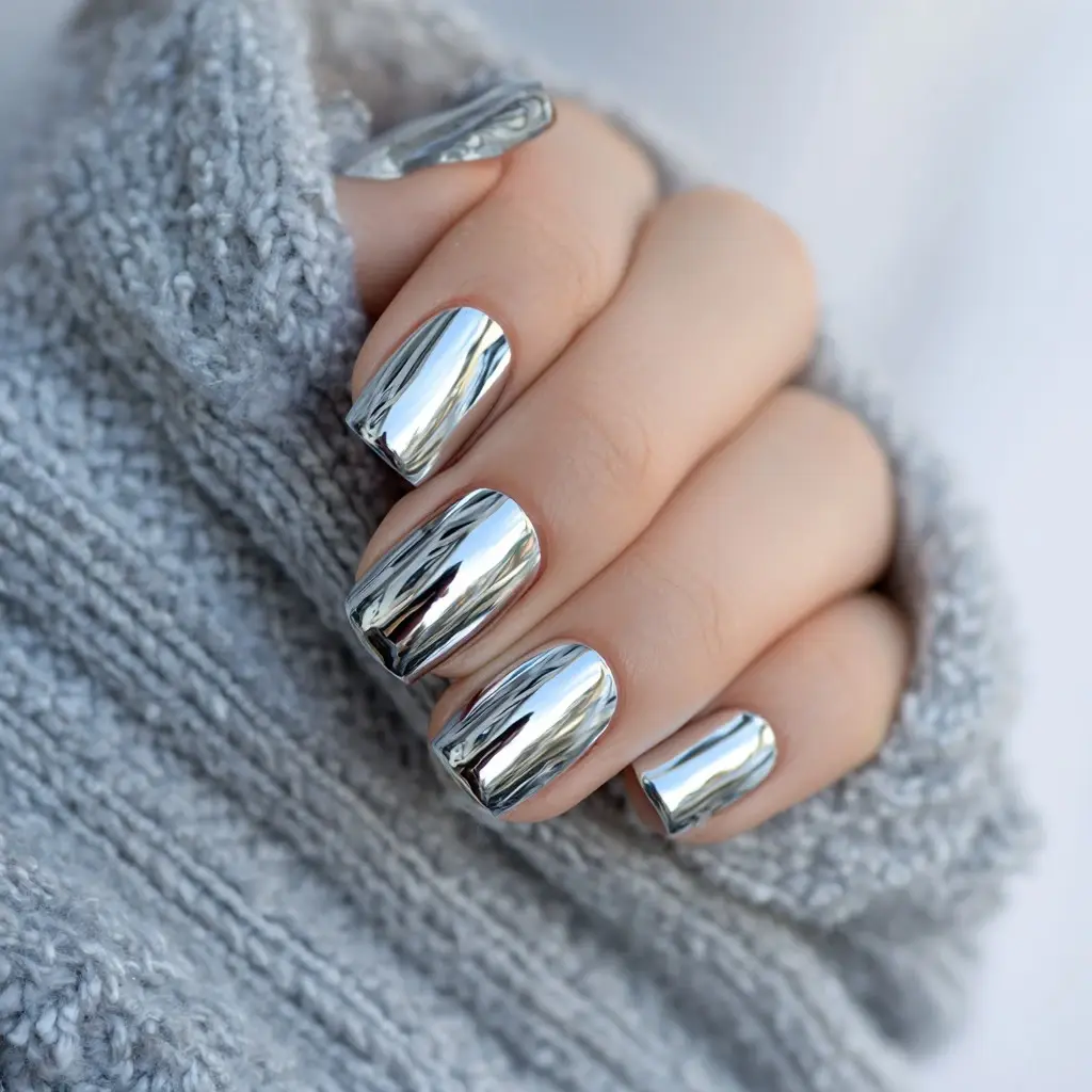 metallic and silver square medium nails with glossy and minimalist