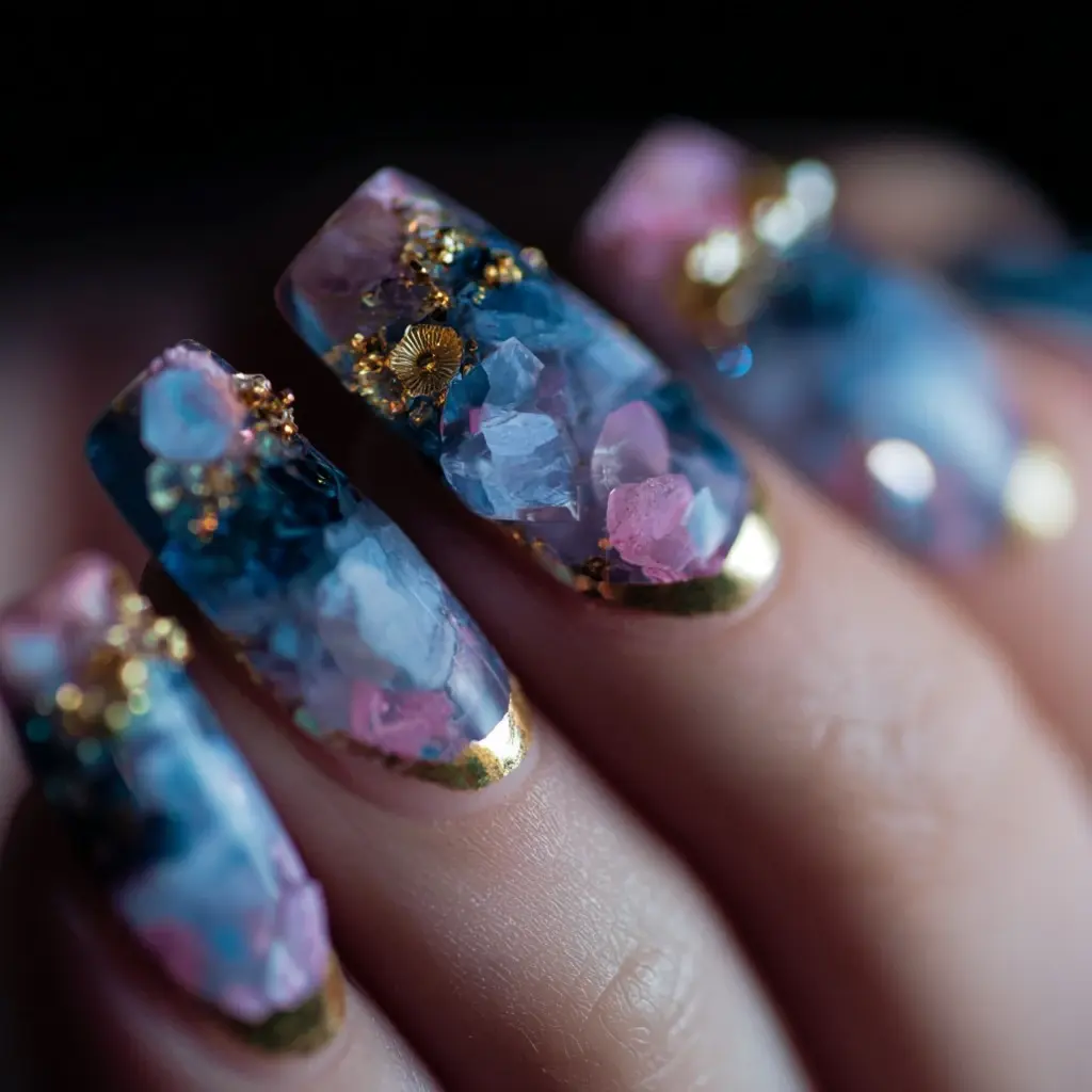 blue and pink coffin long nails with abstract and glossy
