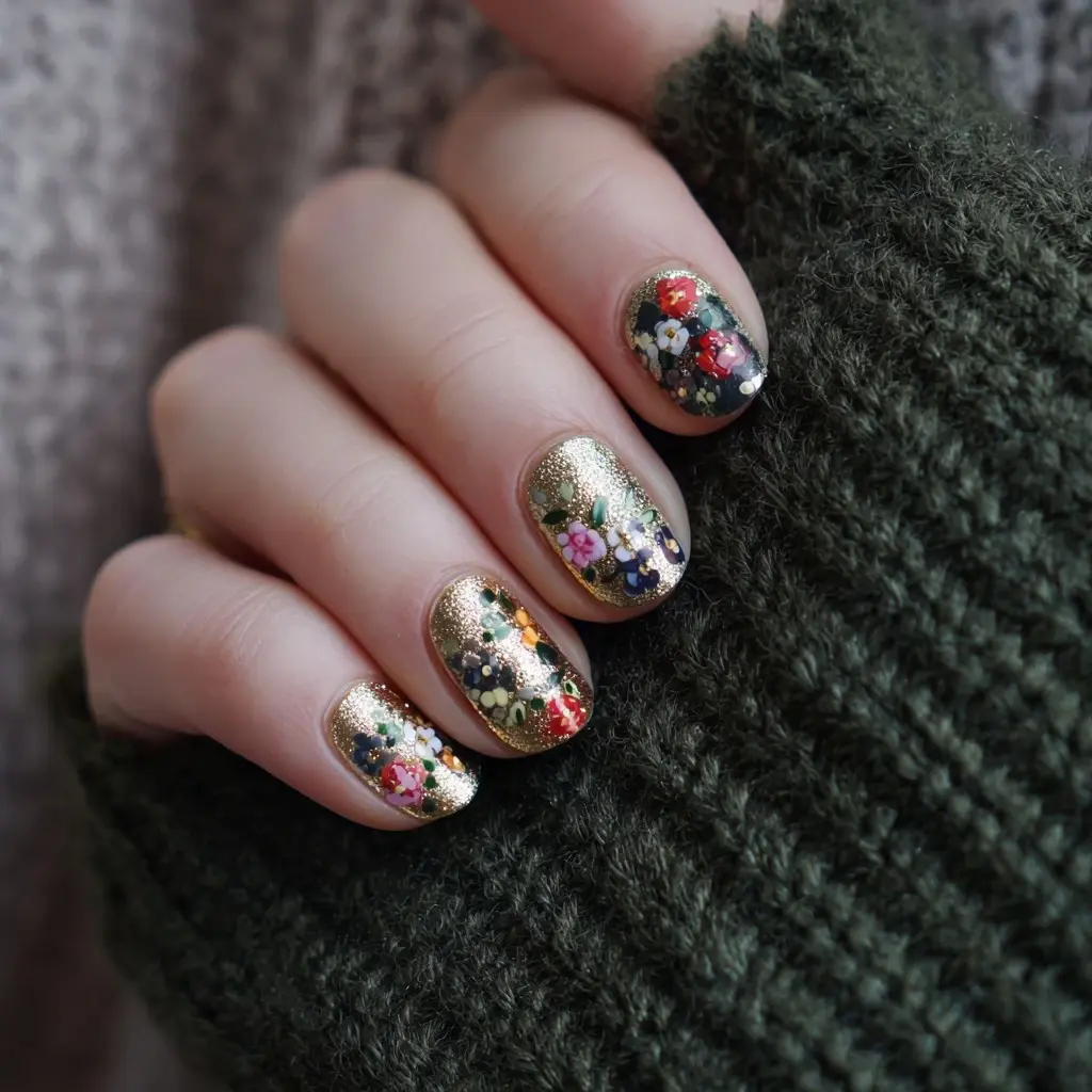 red and pink square medium nails with floral and glitter