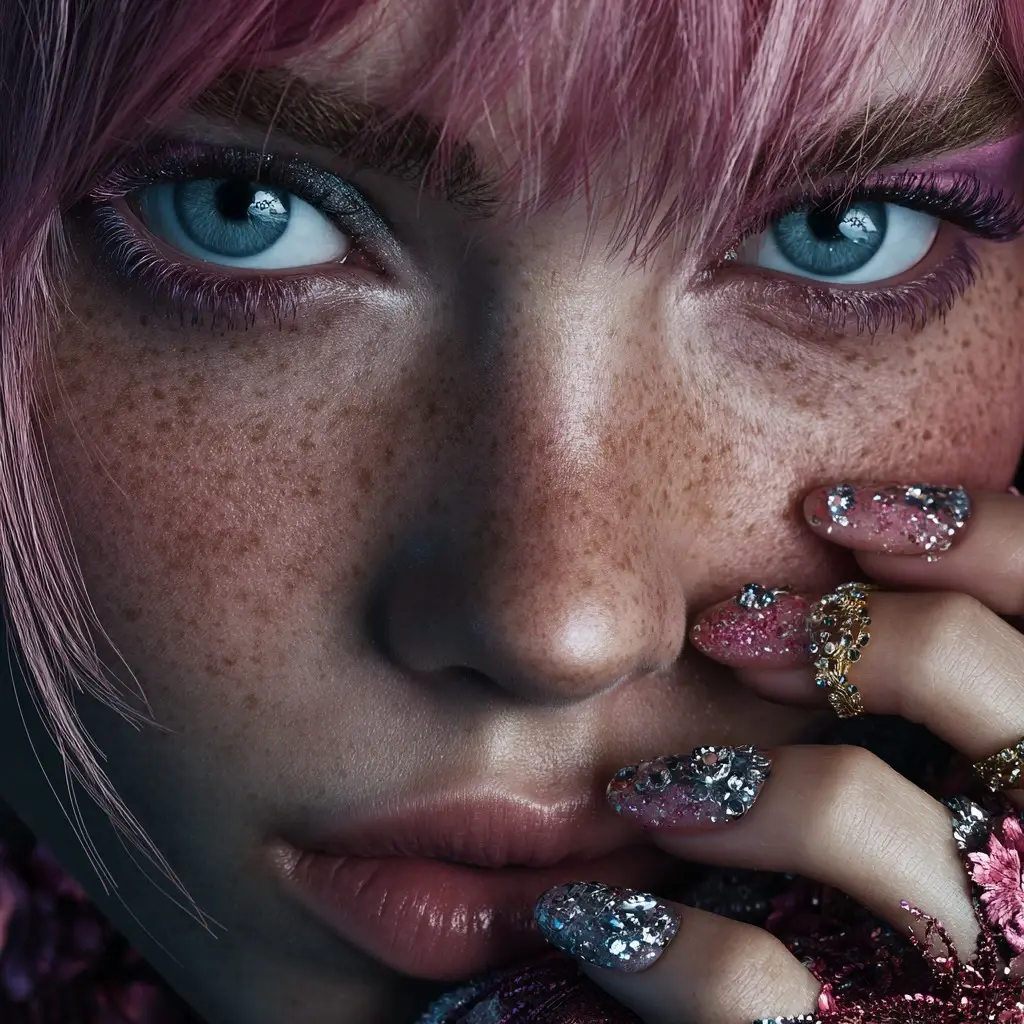 pink and blue coffin long nails with glitter and glossy