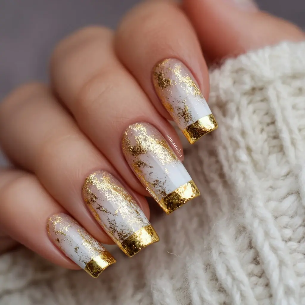 gold and white coffin long nails with glitter and glossy