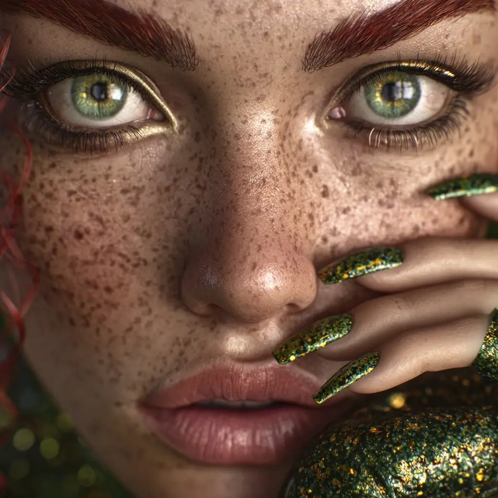 green and metallic coffin long nails with glitter and glossy