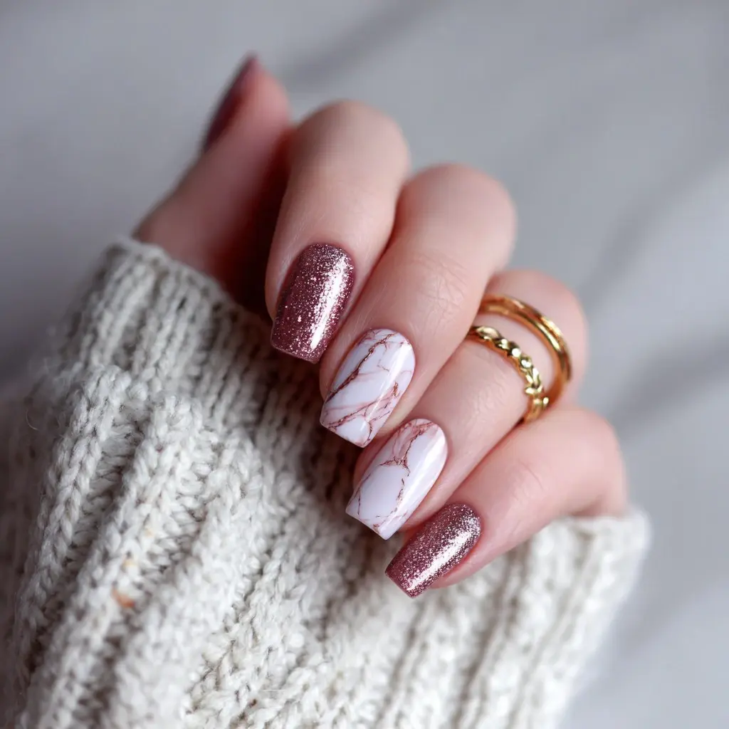 white and red coffin medium nails with abstract and glitter