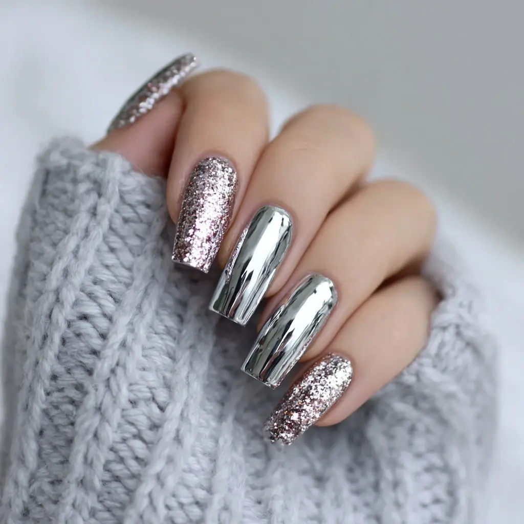 pink and metallic coffin long nails with glitter and glossy