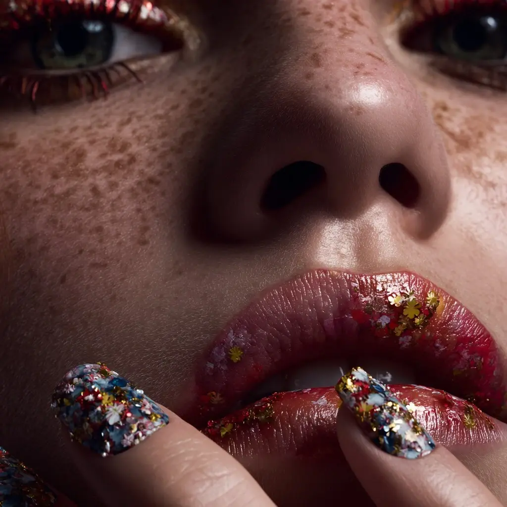 blue and red coffin long nails with glitter and abstract