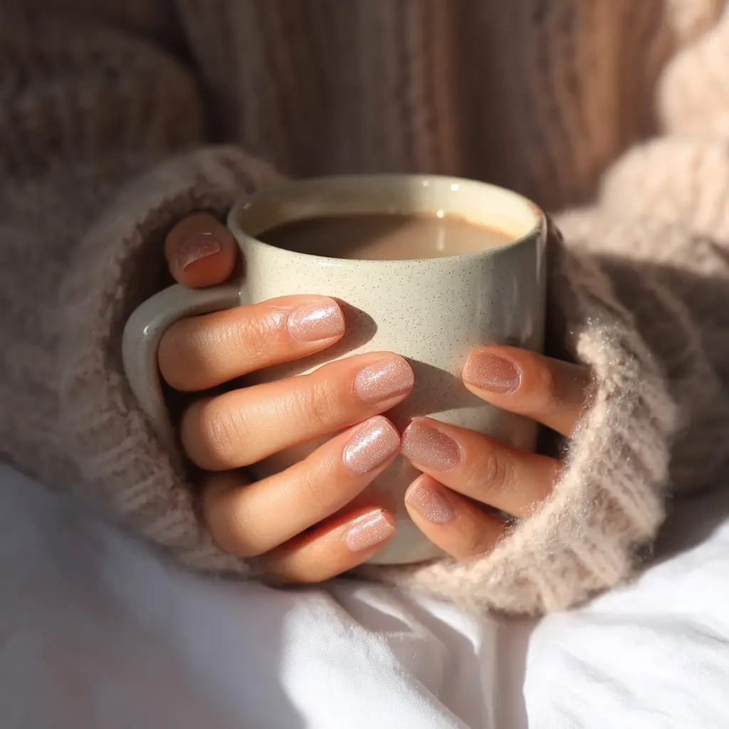 nude and metallic coffin medium nails with glitter and glossy
