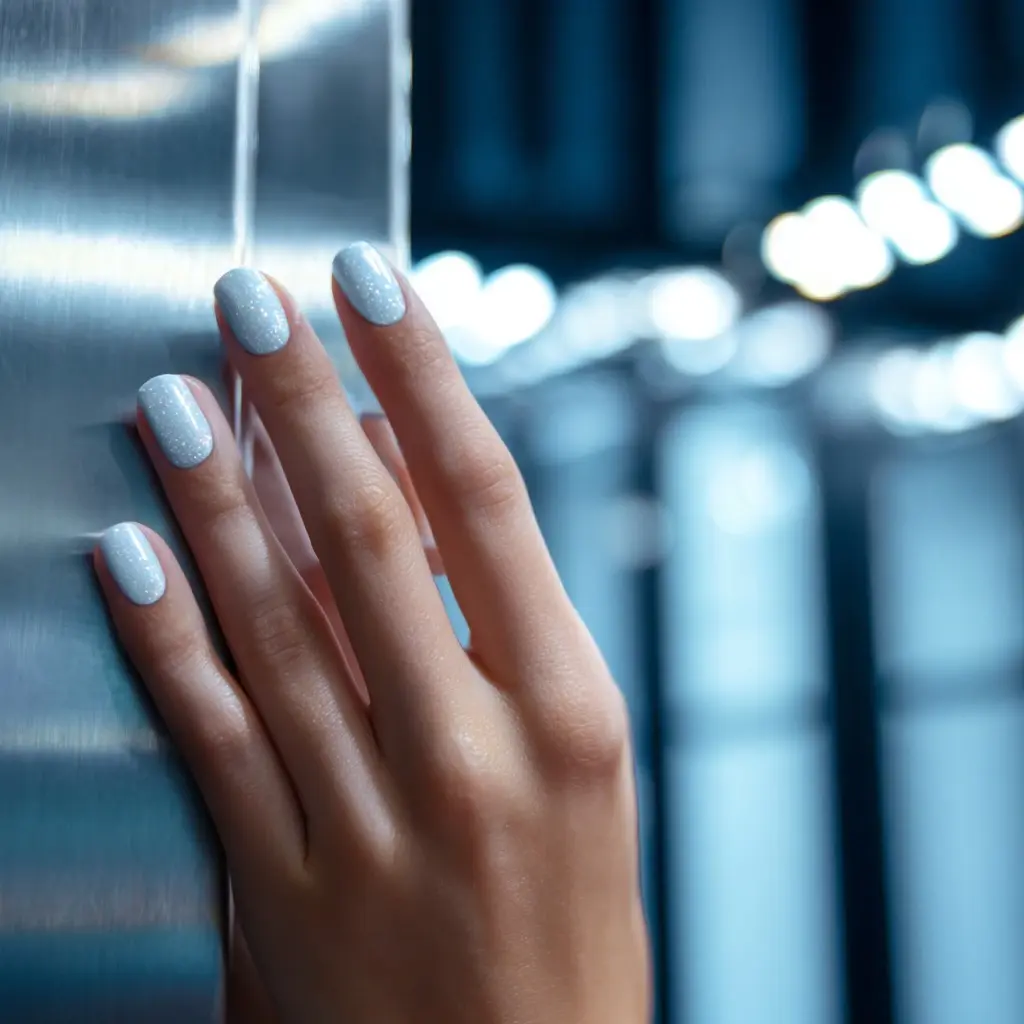 blue and pastel round medium nails with glitter and glossy