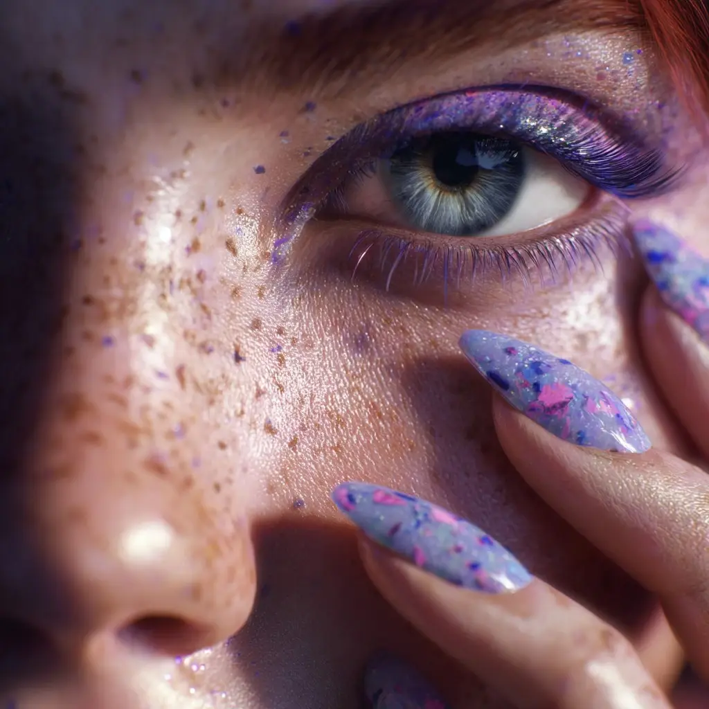 blue and pink coffin long nails with glitter and abstract